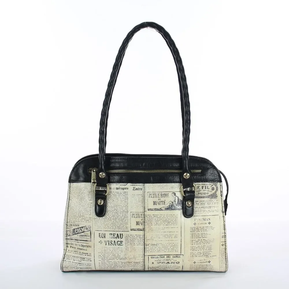 Patricia Nash Calvi Satchel Newspaper Print Leather Shoulder Bag - Picture 2 of 10